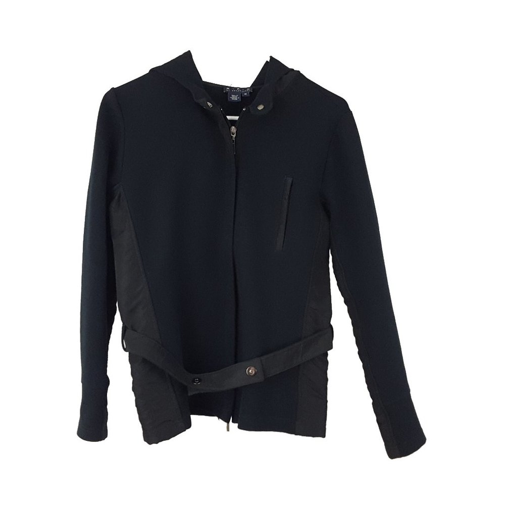 Mag by Magaschoni Belted Full Zip Hooded Jacket, Solid Black Size Medium